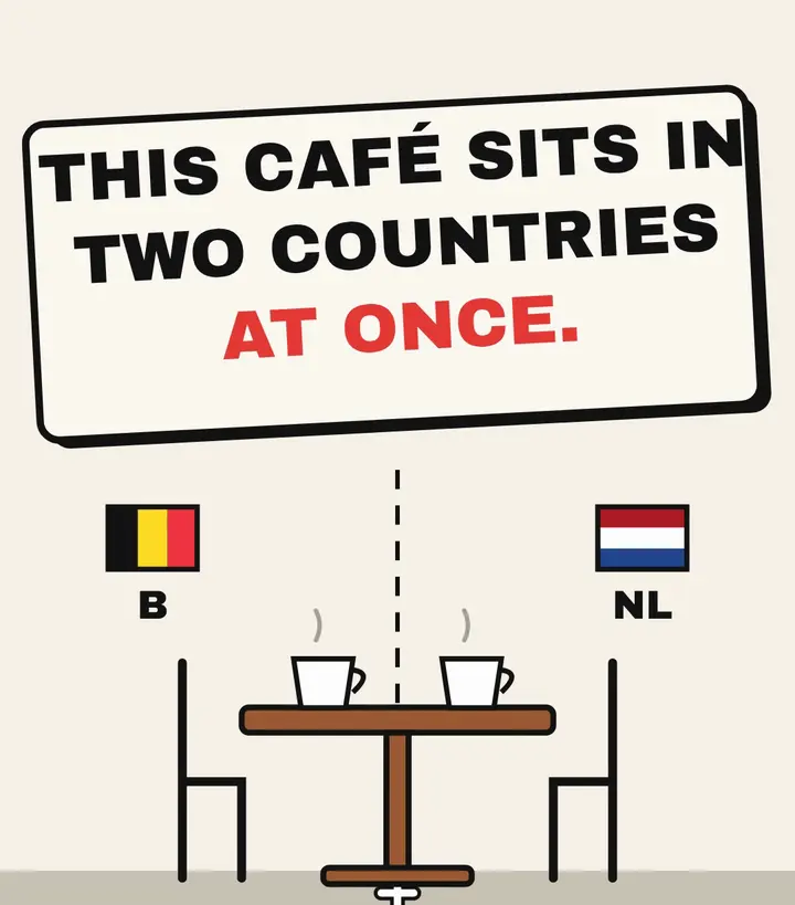 Café table with two coffee cups on either side of a dashed border line, a Belgian flag marked B on the left and a Dutch flag marked NL on the right