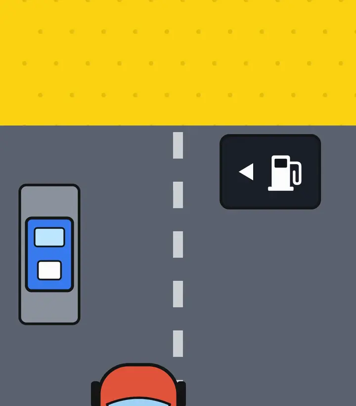 Two red cars at a gas station seen from above, one with a left-arrow icon and the pump on its left, the other with a right-arrow icon and the pump on its right