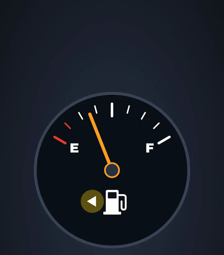 Close-up of a dark fuel gauge between E and F, with a small left-pointing triangle beside a white fuel pump icon whose hose is on the right
