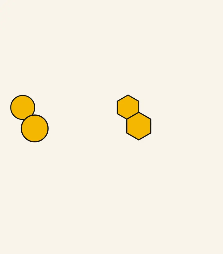 Two yellow circles touching at a single point beside two yellow hexagons sharing a full straight edge