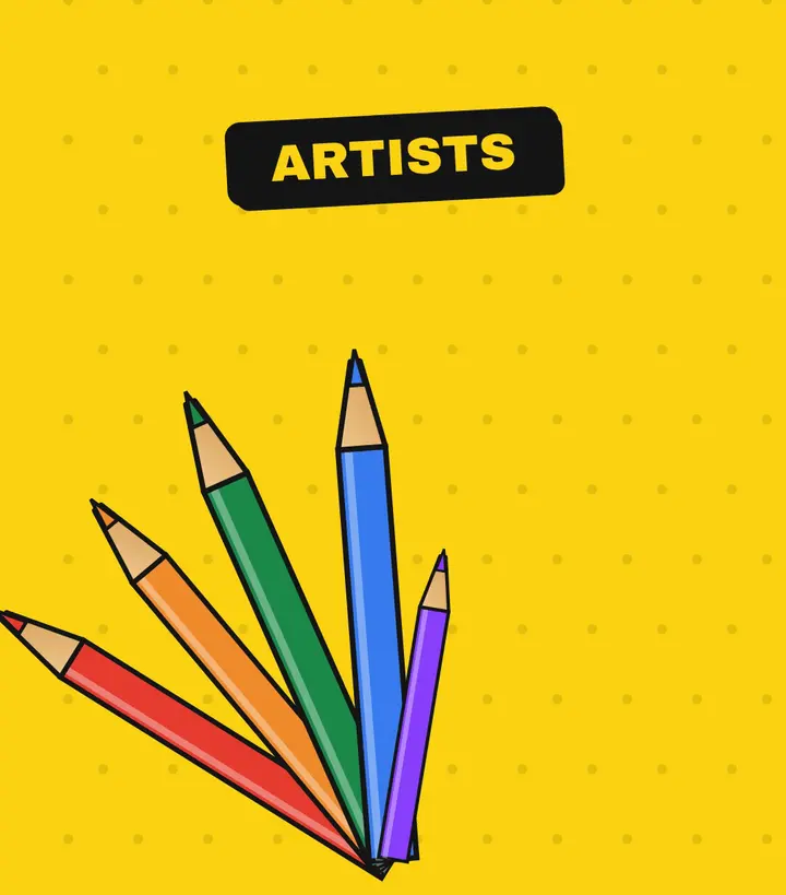Fan of red, orange, green, blue and purple colored pencils under a black label reading ARTISTS
