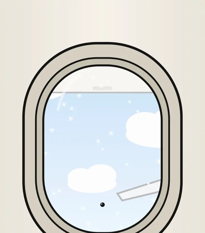 Cartoon cabin window with frost specks scattered across the glass and the small hole visible near the bottom