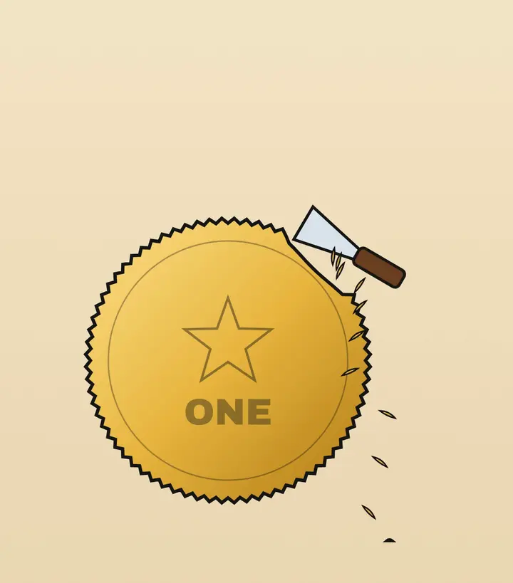 Gold coin marked ONE with a small knife shaving thin slivers of metal off its rim