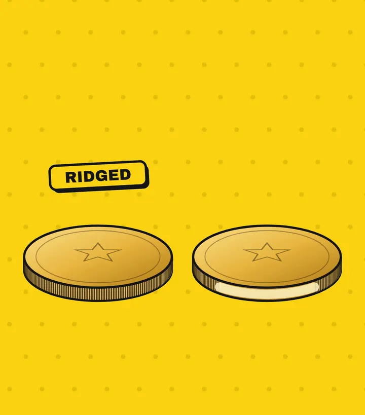 Two gold coins side by side, the left one labeled RIDGED with grooves all around its edge, the right one with a smooth, shaved band on its edge
