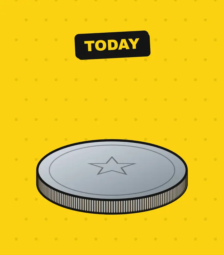 Silver-colored modern coin with fine vertical ridges around its edge under a label reading TODAY