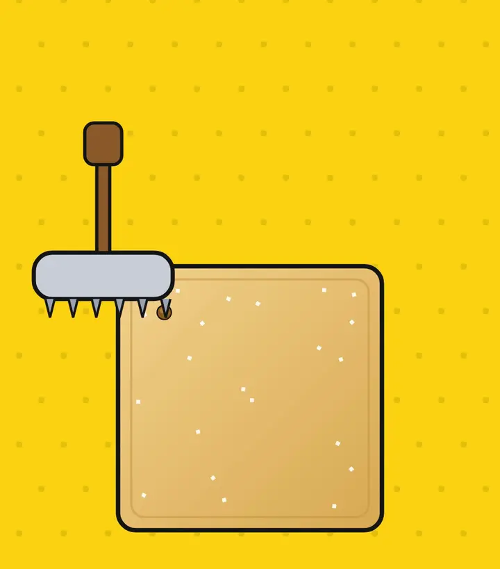 A hand-held docking tool with a row of metal spikes about to press into a square of raw cracker dough