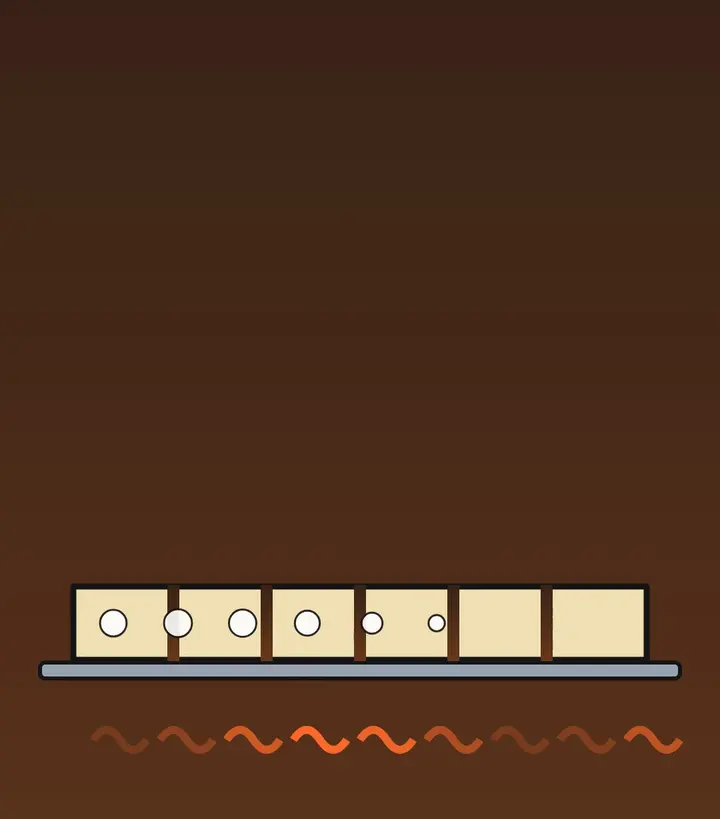 Side view of a dough strip on a heated tray, split by dark vertical docking holes, with steam bubbles getting smaller from left to right