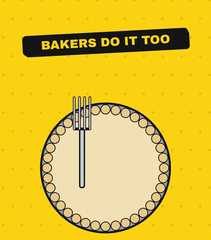 A fork pricking the base of an unbaked pie crust with a crimped edge, under a label reading Bakers do it too