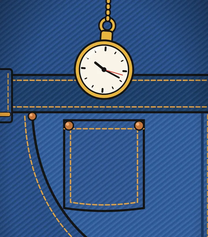 Illustration of a gold pocket watch on a chain hanging just above the small front pocket of a pair of blue jeans