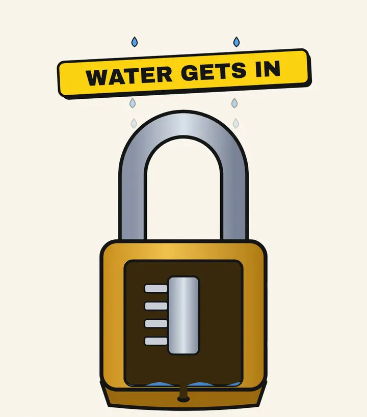 Cutaway padlock with raindrops falling on the shackle and a thin layer of water at the bottom of the body escaping through a hole underneath