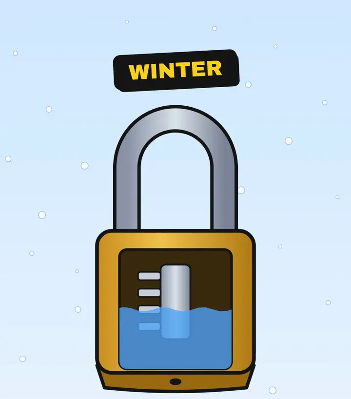 Cutaway padlock in falling snow with its body half full of water around the locking parts, under a label reading 'Winter'
