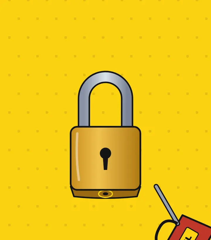Brass padlock on a yellow background with the hole in its base circled and a red lubricant can with a thin straw nearby