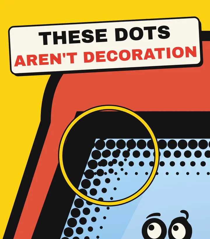 Cartoon close-up of a windshield corner where the black border breaks into rows of shrinking dots, circled in yellow, with a label reading 'These dots aren't decoration'