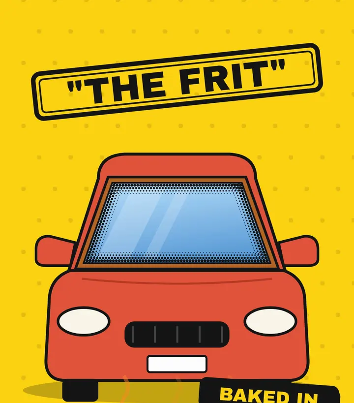 Front view of a red cartoon car with the black band around its windshield outlined and a label reading 'The frit'